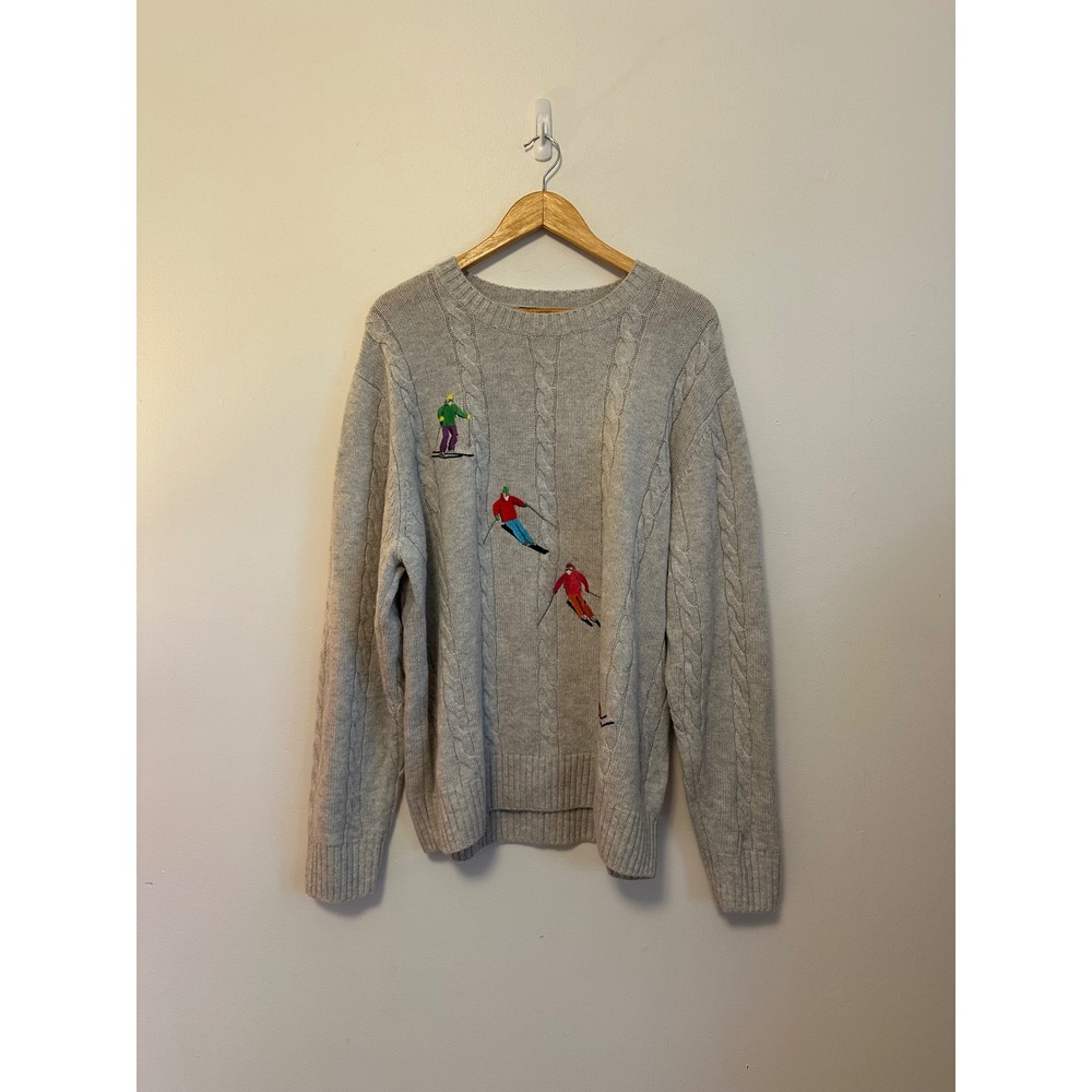 Rowing Blazers Grey Wool and Cashmere Cable Knit Embroidered Ski Sweater | XL